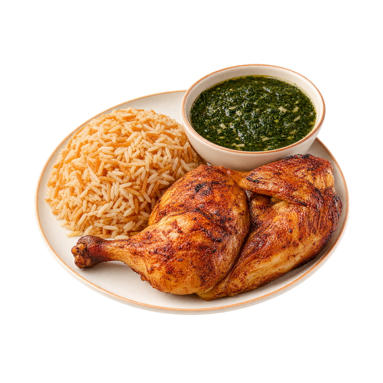 [WAZ-MENU-FRIED-CHICKEN] نصف فرخة محمرة مع ملوخية وأرز